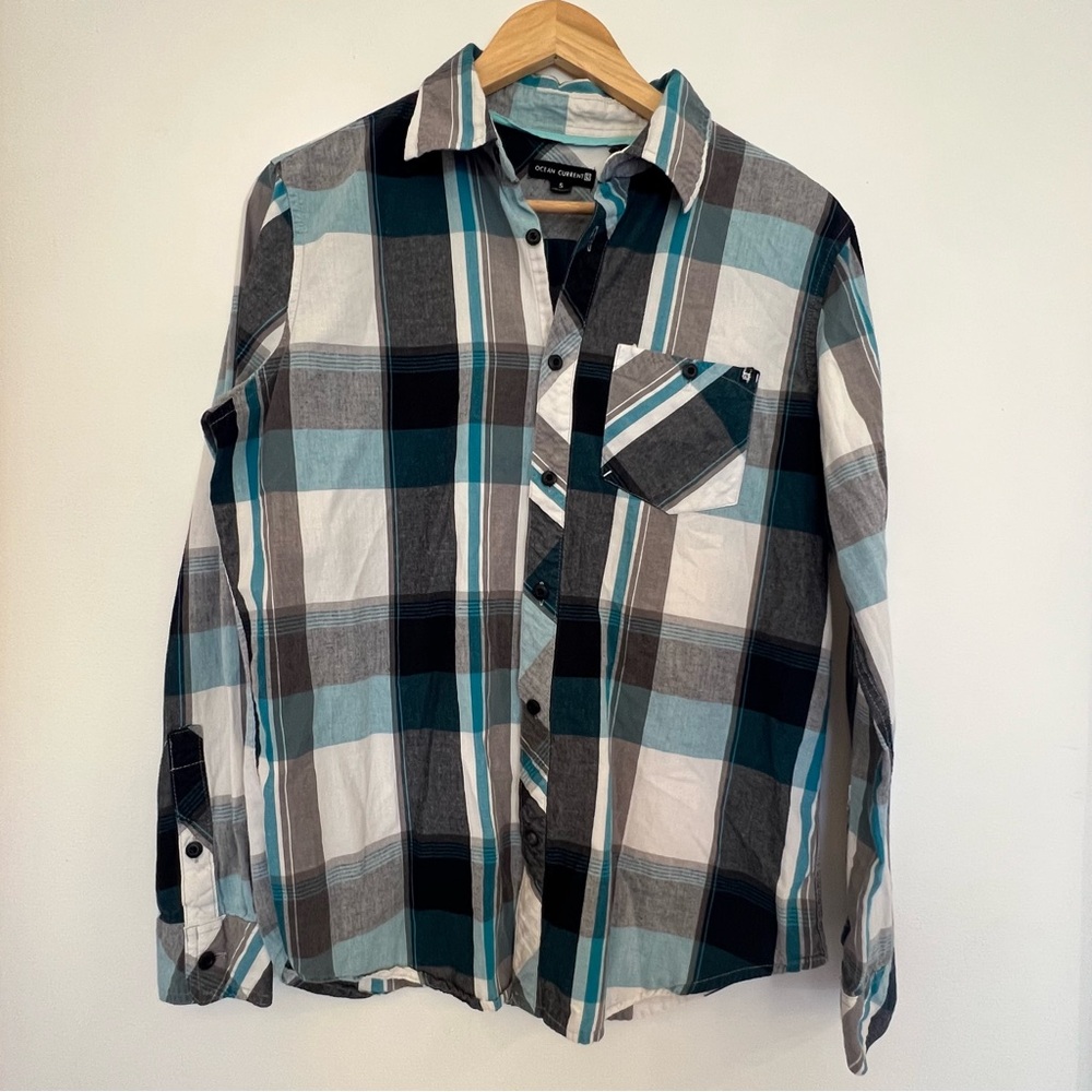 ✅5/$25 Ocean Current Mens small Gray teal Casual Button Down plaid flannel Shirt